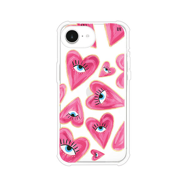 Funda para iPhone con corazones rosas ilustrados y ojos, diseño artístico y romántico. Ideal para expresar amor con estilo. Producto de Remark Mx