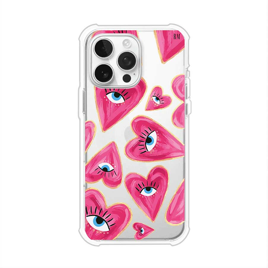 Funda para iPhone con corazones rosas ilustrados y ojos, diseño artístico y romántico. Ideal para expresar amor con estilo. Producto de Remark Mx