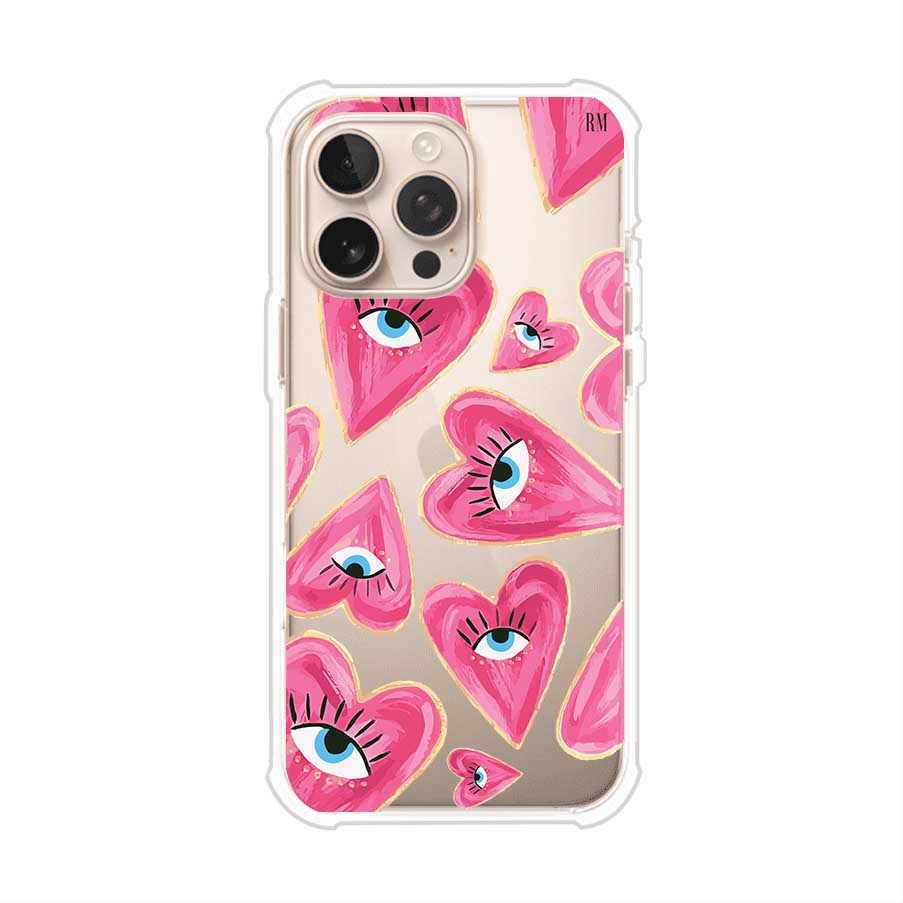 Funda para iPhone con corazones rosas ilustrados y ojos, diseño artístico y romántico. Ideal para expresar amor con estilo. Producto de Remark Mx