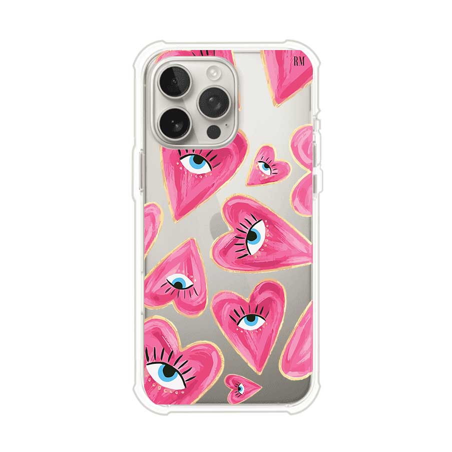 Funda para iPhone con corazones rosas ilustrados y ojos, diseño artístico y romántico. Ideal para expresar amor con estilo. Producto de Remark Mx