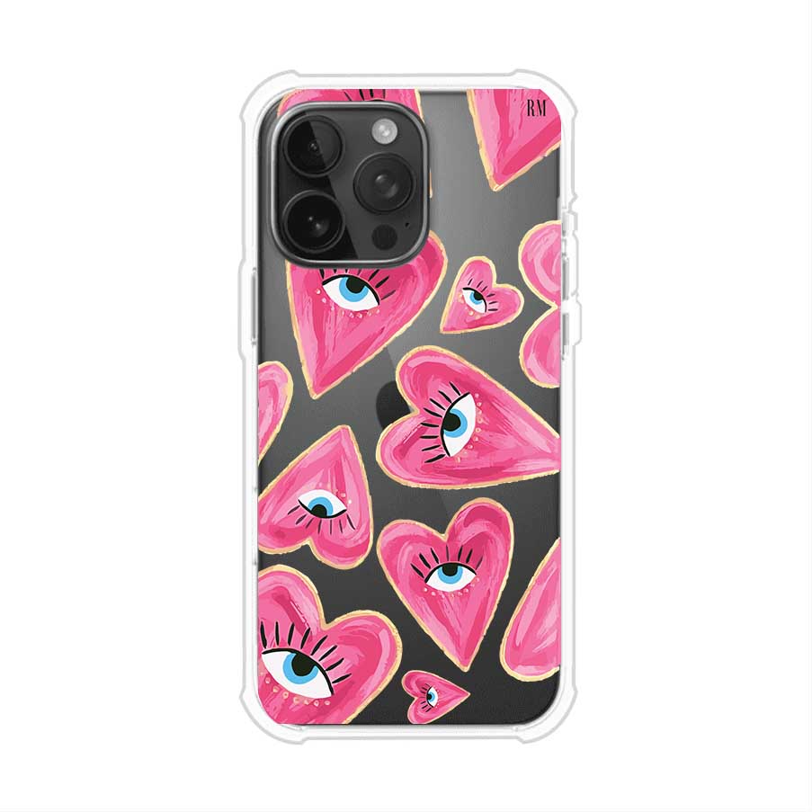 Funda para iPhone con corazones rosas ilustrados y ojos, diseño artístico y romántico. Ideal para expresar amor con estilo. Producto de Remark Mx
