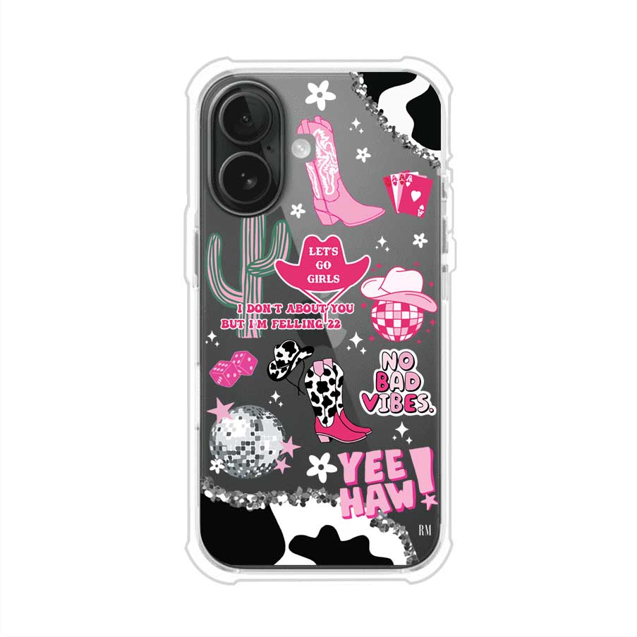 Funda para iPhone con diseño de temática vaquera en tonos rosa y negro, incluye botas, sombrero, cactus, disco ball y frases como "Let’s go girls" y "Yee Haw!". Estilo girly y divertido. Producto de Remark Mx