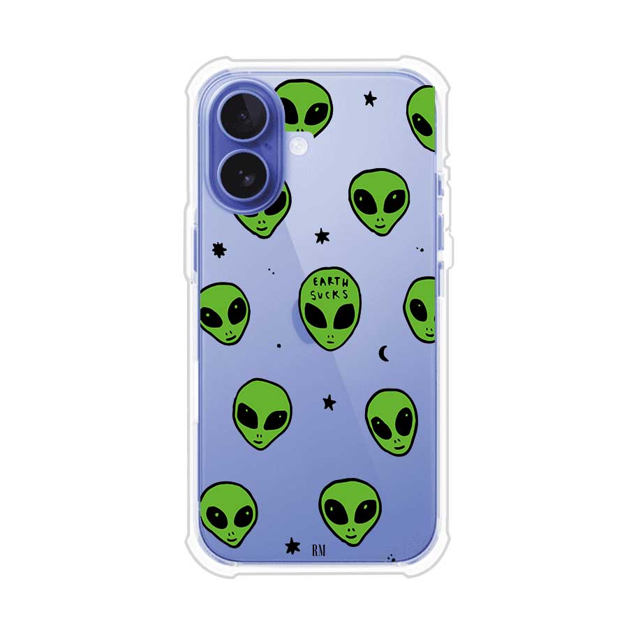 Funda para iPhone con diseño de alienígenas verdes y frase "Earth Sucks", fondo negro con detalles espaciales. Estilo divertido y rebelde. Producto de Remark MX