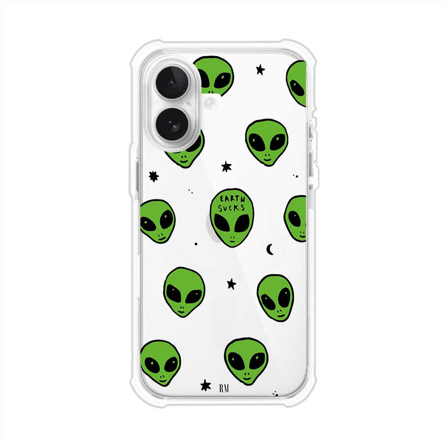 Funda para iPhone con diseño de alienígenas verdes y frase "Earth Sucks", fondo negro con detalles espaciales. Estilo divertido y rebelde. Producto de Remark MX