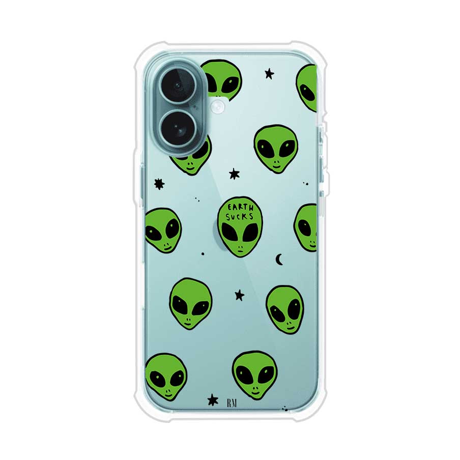 Funda para iPhone con diseño de alienígenas verdes y frase "Earth Sucks", fondo negro con detalles espaciales. Estilo divertido y rebelde. Producto de Remark MX
