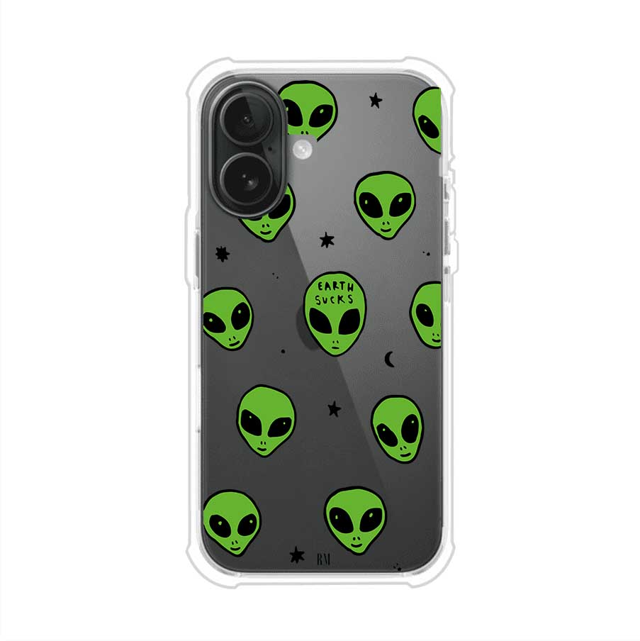 Funda para iPhone con diseño de alienígenas verdes y frase "Earth Sucks", fondo negro con detalles espaciales. Estilo divertido y rebelde. Producto de Remark MX