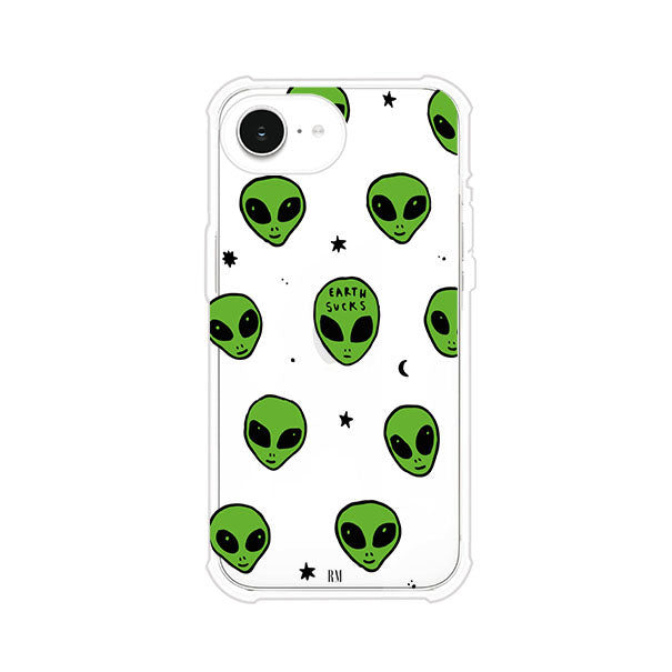 Funda para iPhone con diseño de alienígenas verdes y frase "Earth Sucks", fondo negro con detalles espaciales. Estilo divertido y rebelde. Producto de Remark MX