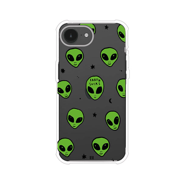 Funda para iPhone con diseño de alienígenas verdes y frase "Earth Sucks", fondo negro con detalles espaciales. Estilo divertido y rebelde. Producto de Remark MX