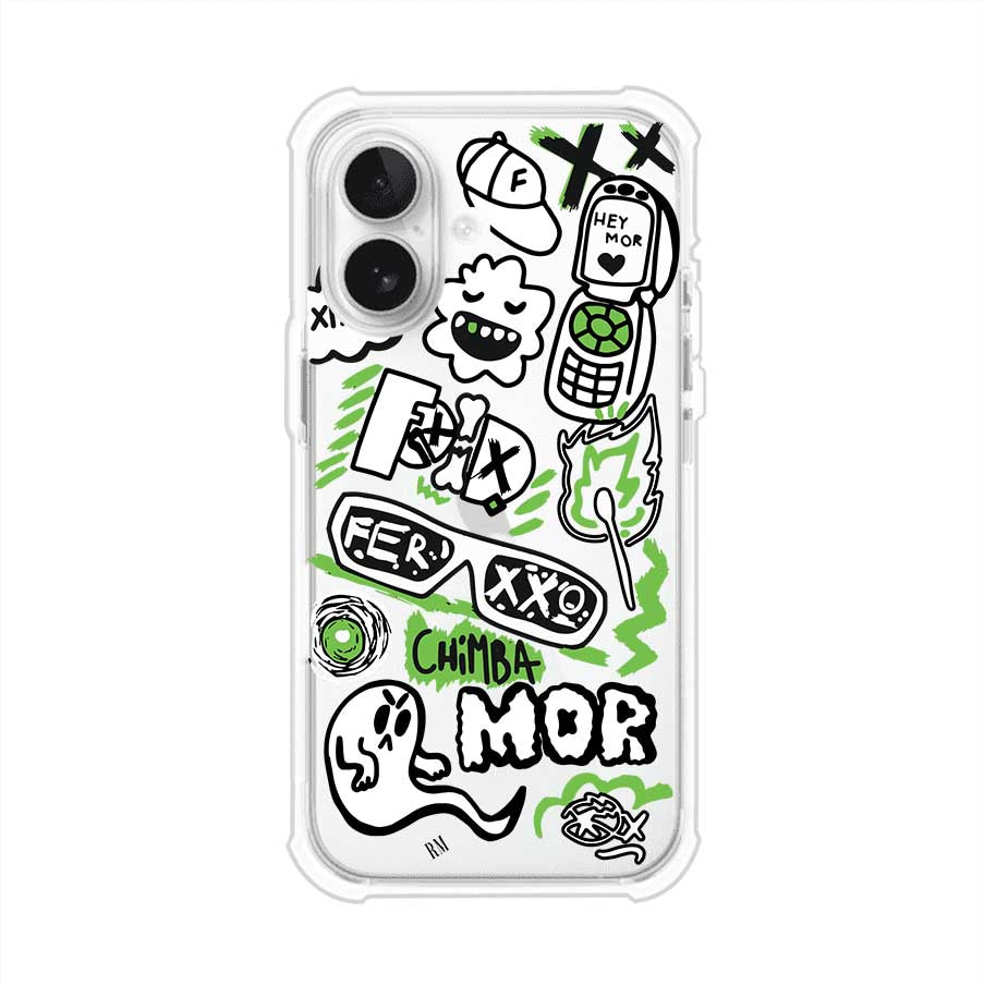 Funda para iPhone con diseño inspirado en FERXXO. Incluye stickers con frases como “CHIMBA MOR”, íconos urbanos y colores verde neón y negro. Estilo reggaetonero y atrevido, ideal para fans de Feid. Producto de Remark Mx