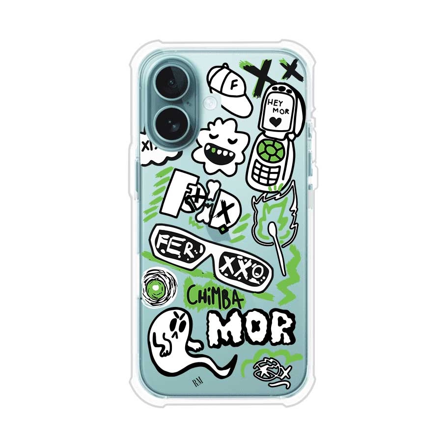 Funda para iPhone con diseño inspirado en FERXXO. Incluye stickers con frases como “CHIMBA MOR”, íconos urbanos y colores verde neón y negro. Estilo reggaetonero y atrevido, ideal para fans de Feid. Producto de Remark Mx