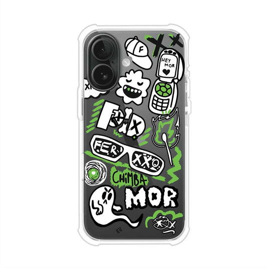 Funda para iPhone con diseño inspirado en FERXXO. Incluye stickers con frases como “CHIMBA MOR”, íconos urbanos y colores verde neón y negro. Estilo reggaetonero y atrevido, ideal para fans de Feid. Producto de Remark Mx