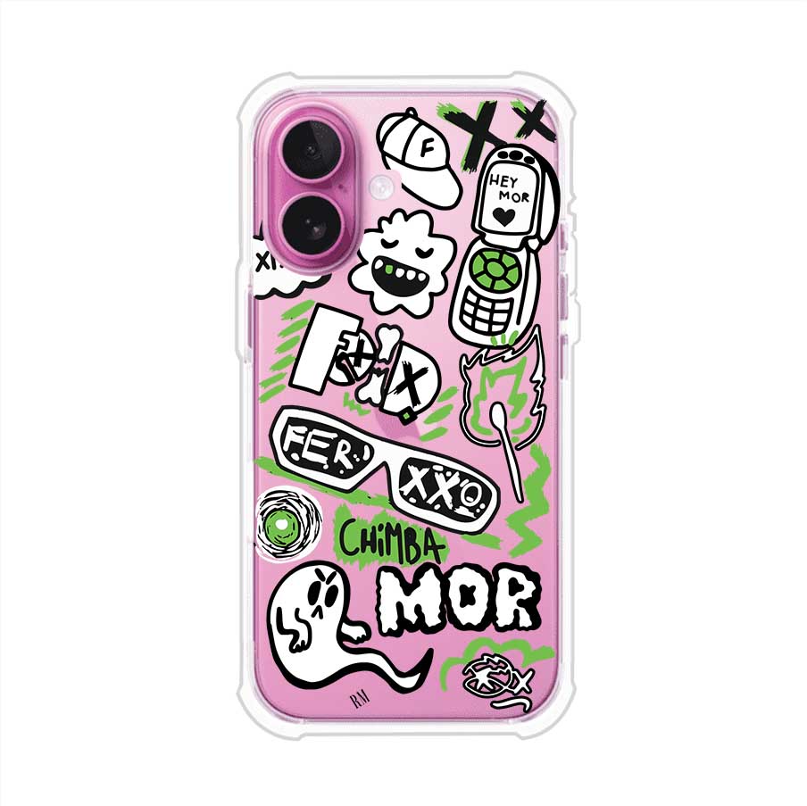 Funda para iPhone con diseño inspirado en FERXXO. Incluye stickers con frases como “CHIMBA MOR”, íconos urbanos y colores verde neón y negro. Estilo reggaetonero y atrevido, ideal para fans de Feid. Producto de Remark Mx