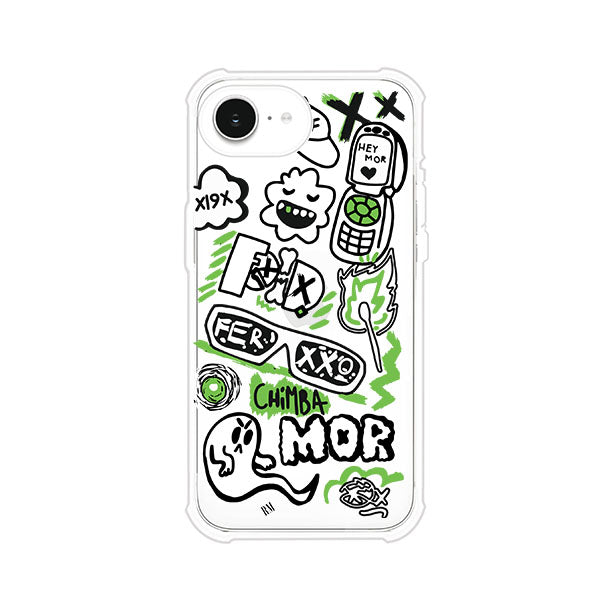 Funda para iPhone con diseño inspirado en FERXXO. Incluye stickers con frases como “CHIMBA MOR”, íconos urbanos y colores verde neón y negro. Estilo reggaetonero y atrevido, ideal para fans de Feid. Producto de Remark Mx