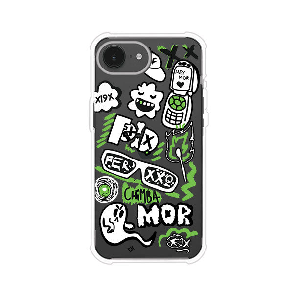 Funda para iPhone con diseño inspirado en FERXXO. Incluye stickers con frases como “CHIMBA MOR”, íconos urbanos y colores verde neón y negro. Estilo reggaetonero y atrevido, ideal para fans de Feid. Producto de Remark Mx