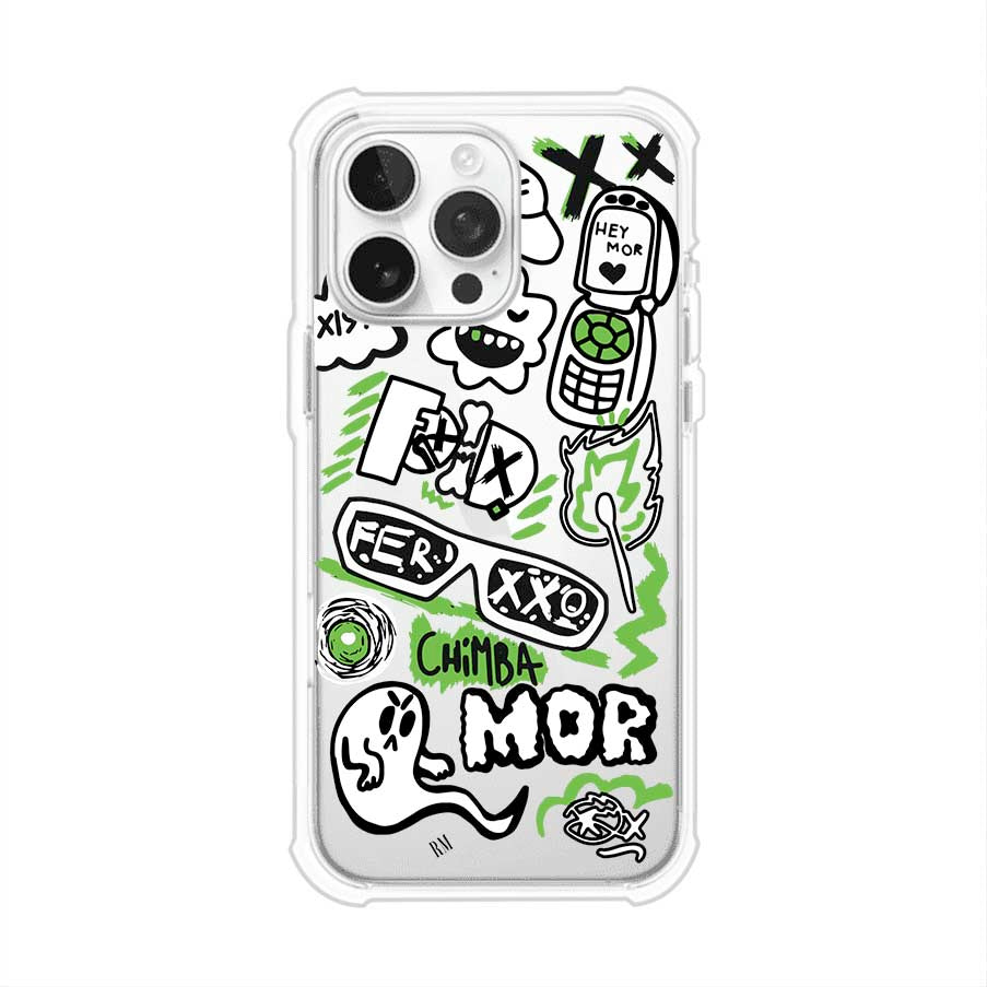 Funda para iPhone con diseño inspirado en FERXXO. Incluye stickers con frases como “CHIMBA MOR”, íconos urbanos y colores verde neón y negro. Estilo reggaetonero y atrevido, ideal para fans de Feid. Producto de Remark Mx
