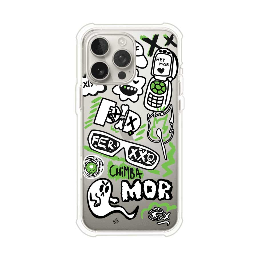 Funda para iPhone con diseño inspirado en FERXXO. Incluye stickers con frases como “CHIMBA MOR”, íconos urbanos y colores verde neón y negro. Estilo reggaetonero y atrevido, ideal para fans de Feid. Producto de Remark Mx