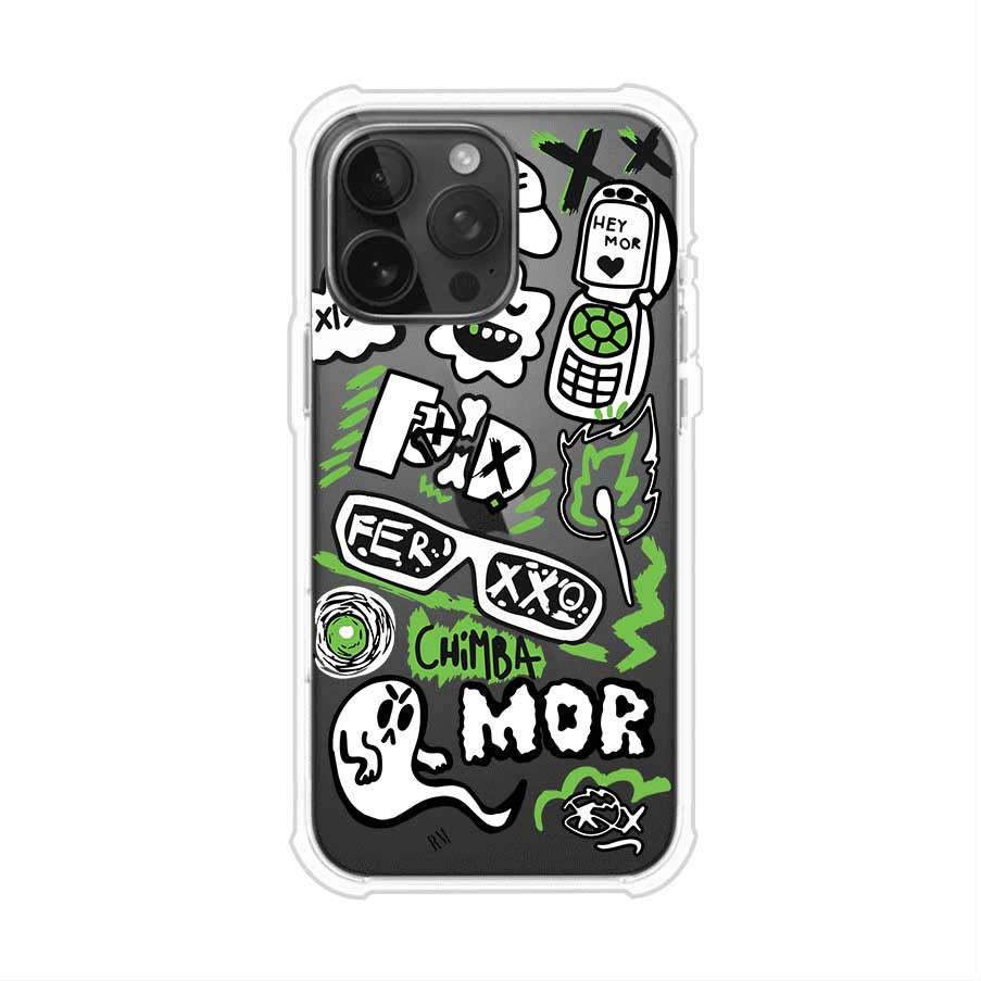 Funda para iPhone con diseño inspirado en FERXXO. Incluye stickers con frases como “CHIMBA MOR”, íconos urbanos y colores verde neón y negro. Estilo reggaetonero y atrevido, ideal para fans de Feid. Producto de Remark Mx