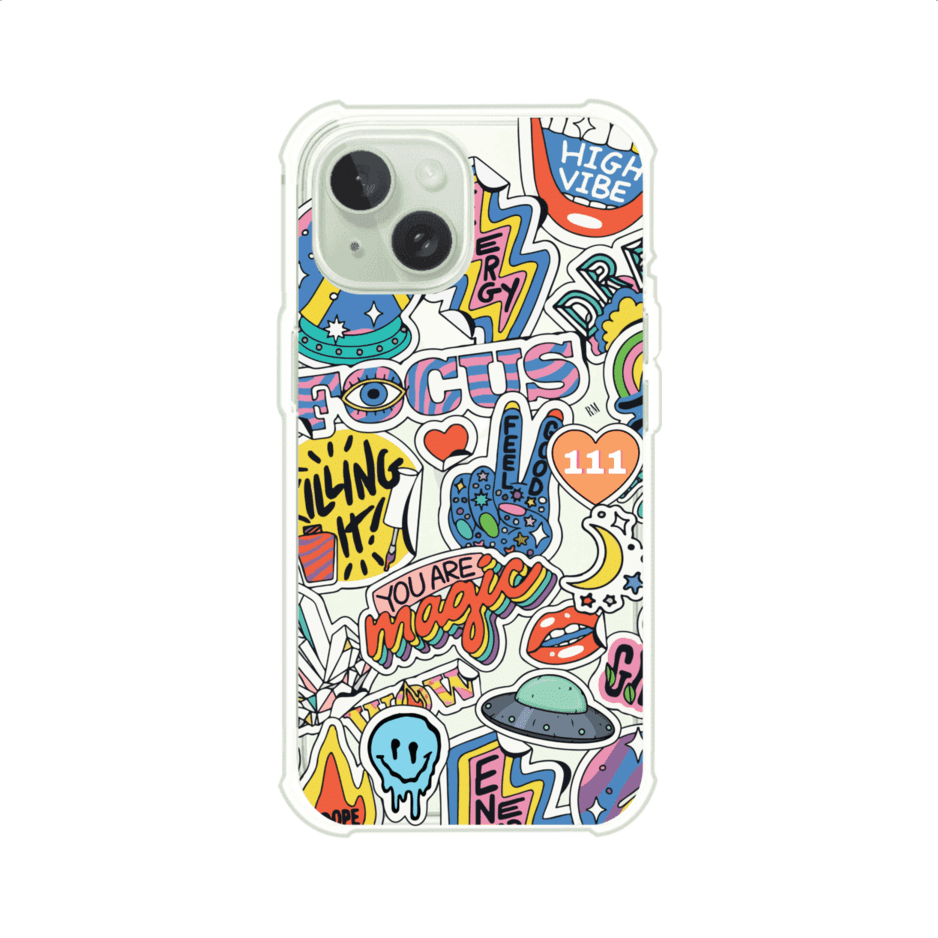 Funda para iPhone con diseño de stickers coloridos con frases motivacionales y energías positivas – Remark Mx