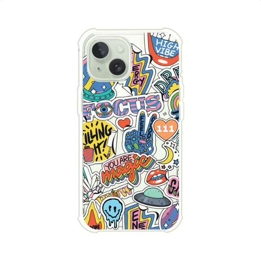 Funda para iPhone con diseño de stickers coloridos con frases motivacionales y energías positivas – Remark Mx
