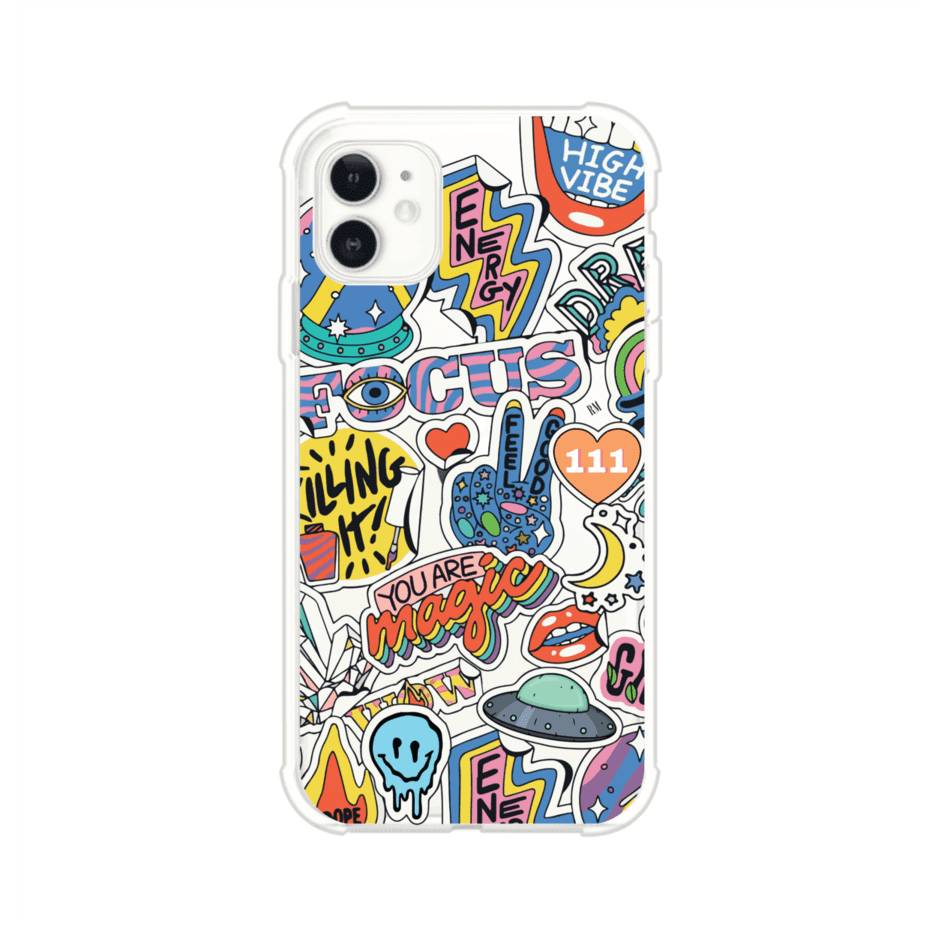 Funda para iPhone con diseño de stickers coloridos con frases motivacionales y energías positivas – Remark Mx