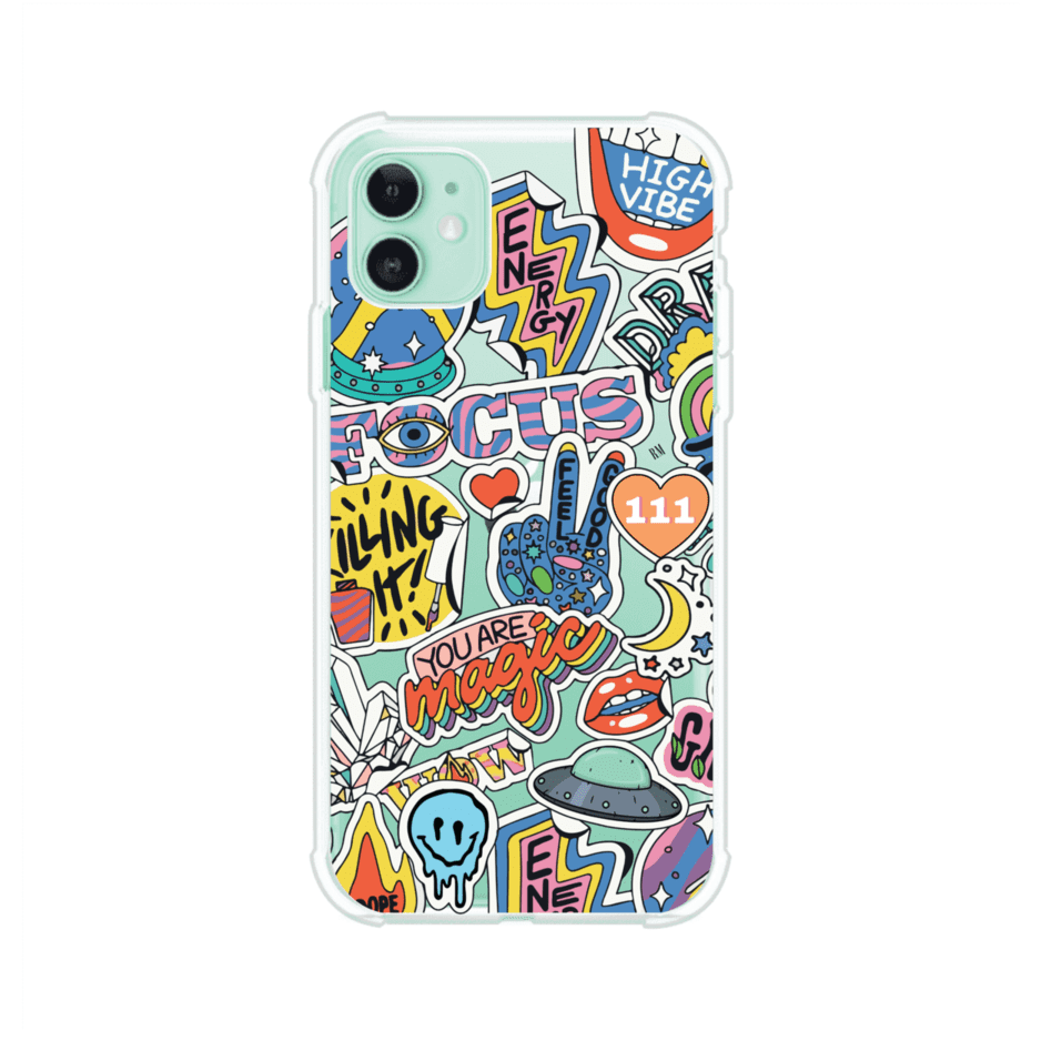 Funda para iPhone con diseño de stickers coloridos con frases motivacionales y energías positivas – Remark Mx