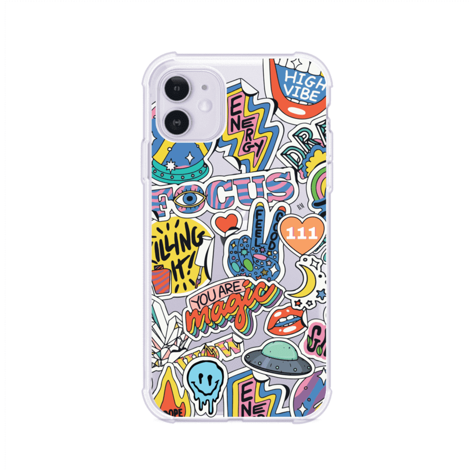 Funda para iPhone con diseño de stickers coloridos con frases motivacionales y energías positivas – Remark Mx