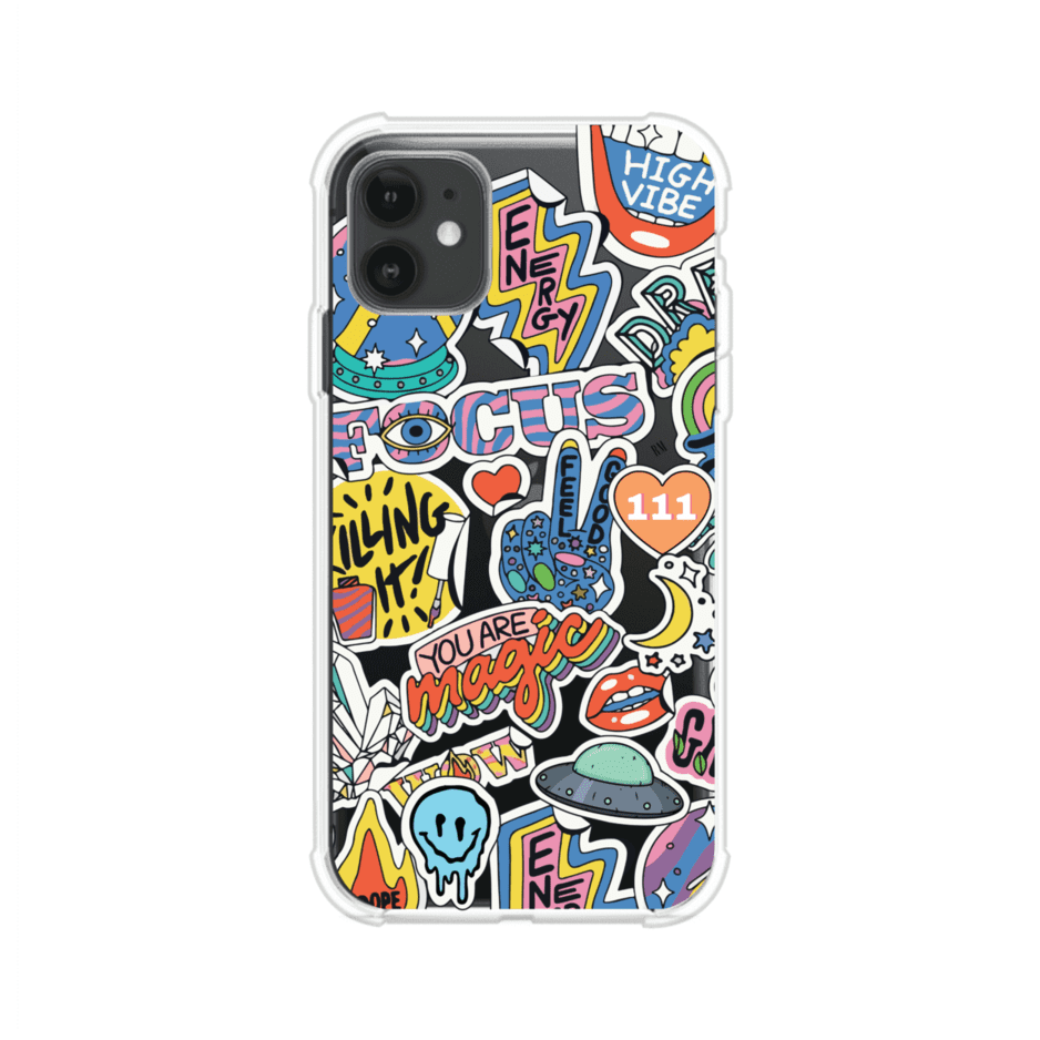 Funda para iPhone con diseño de stickers coloridos con frases motivacionales y energías positivas – Remark Mx