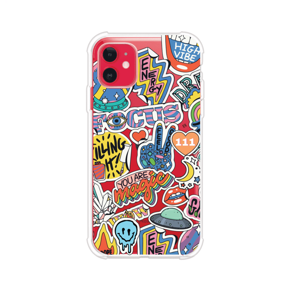 Funda para iPhone con diseño de stickers coloridos con frases motivacionales y energías positivas – Remark Mx
