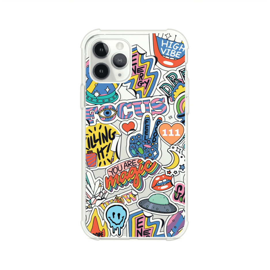 Funda para iPhone con diseño de stickers coloridos con frases motivacionales y energías positivas – Remark Mx