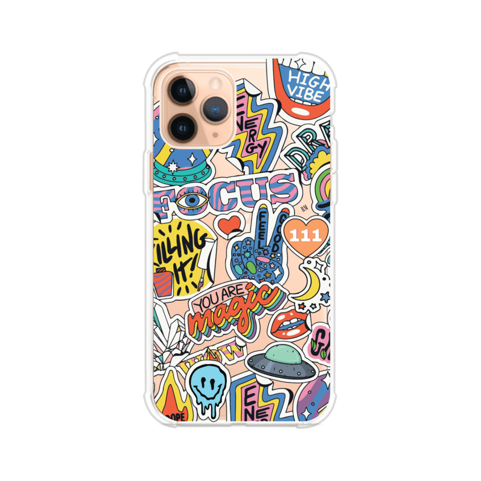 Funda para iPhone con diseño de stickers coloridos con frases motivacionales y energías positivas – Remark Mx
