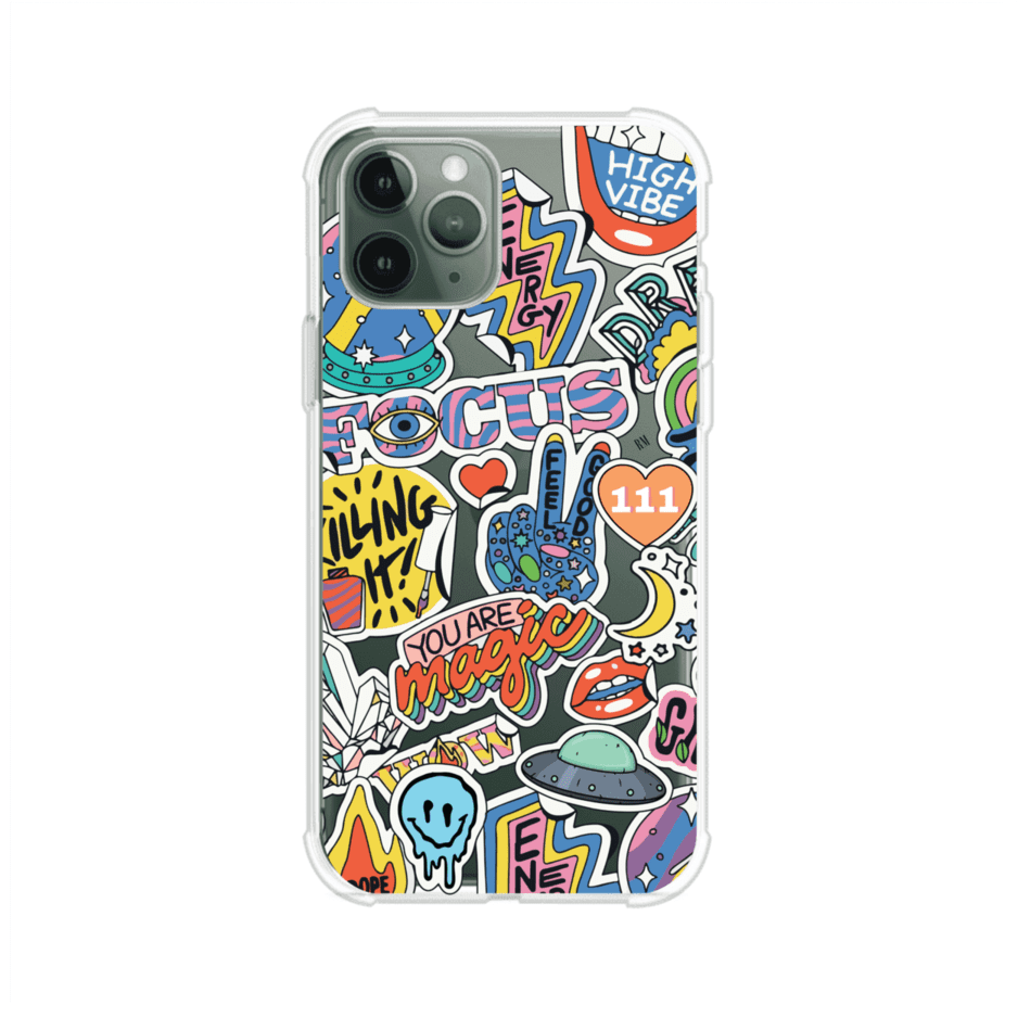 Funda para iPhone con diseño de stickers coloridos con frases motivacionales y energías positivas – Remark Mx