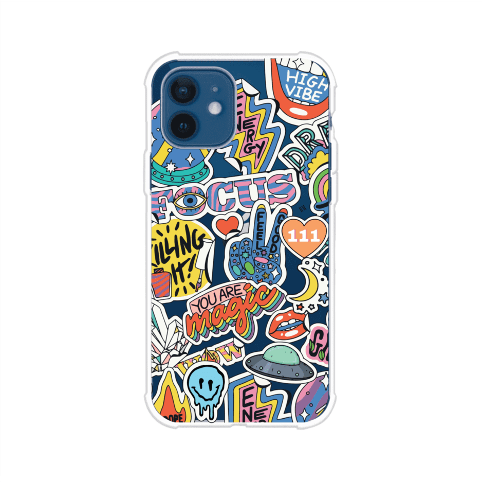Funda para iPhone con diseño de stickers coloridos con frases motivacionales y energías positivas – Remark Mx