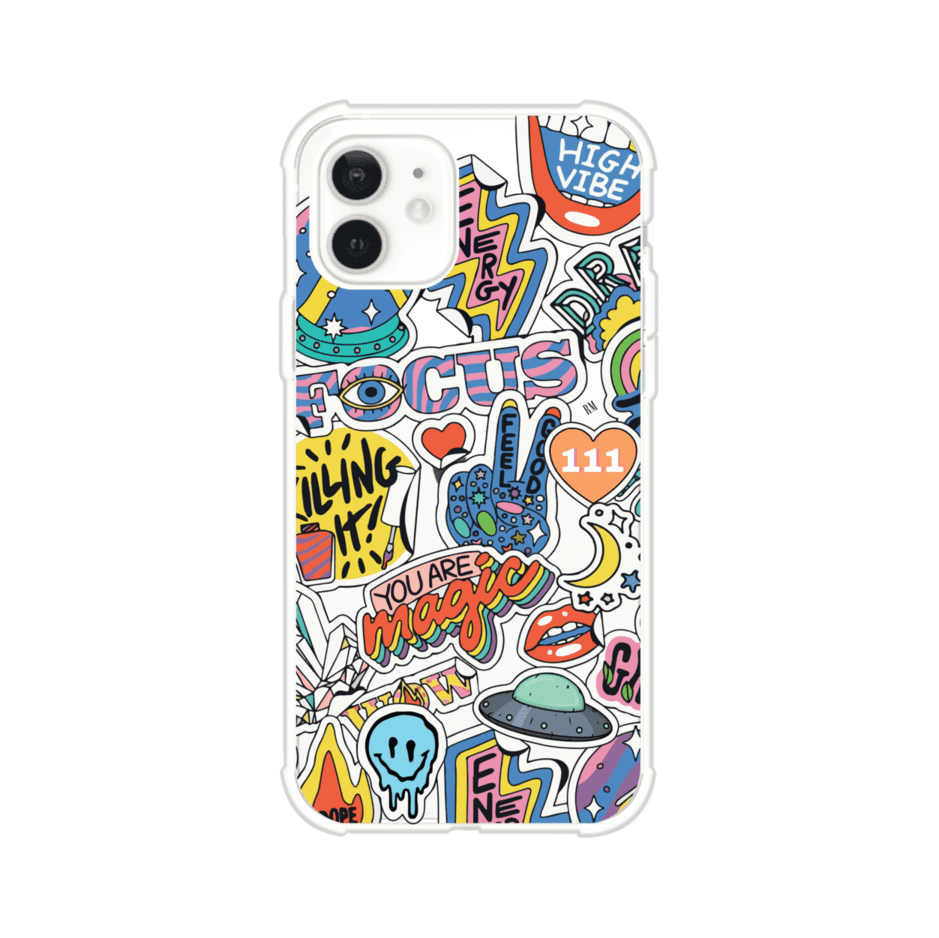Funda para iPhone con diseño de stickers coloridos con frases motivacionales y energías positivas – Remark Mx