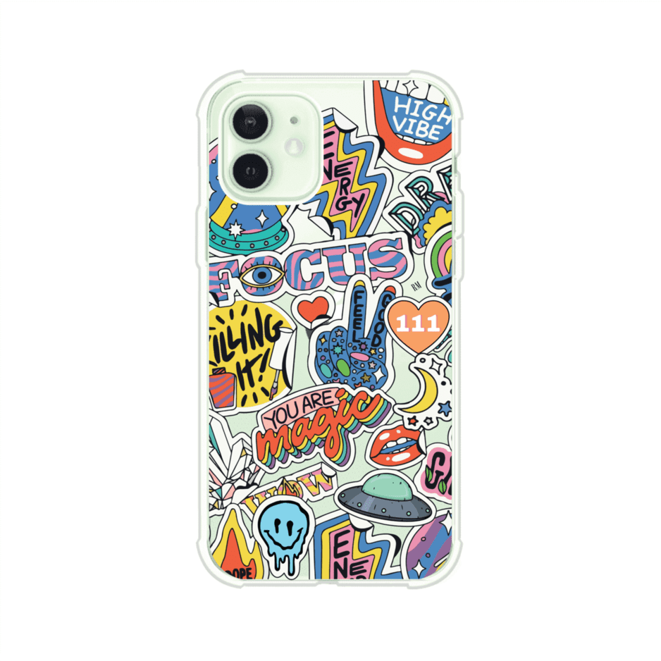 Funda para iPhone con diseño de stickers coloridos con frases motivacionales y energías positivas – Remark Mx