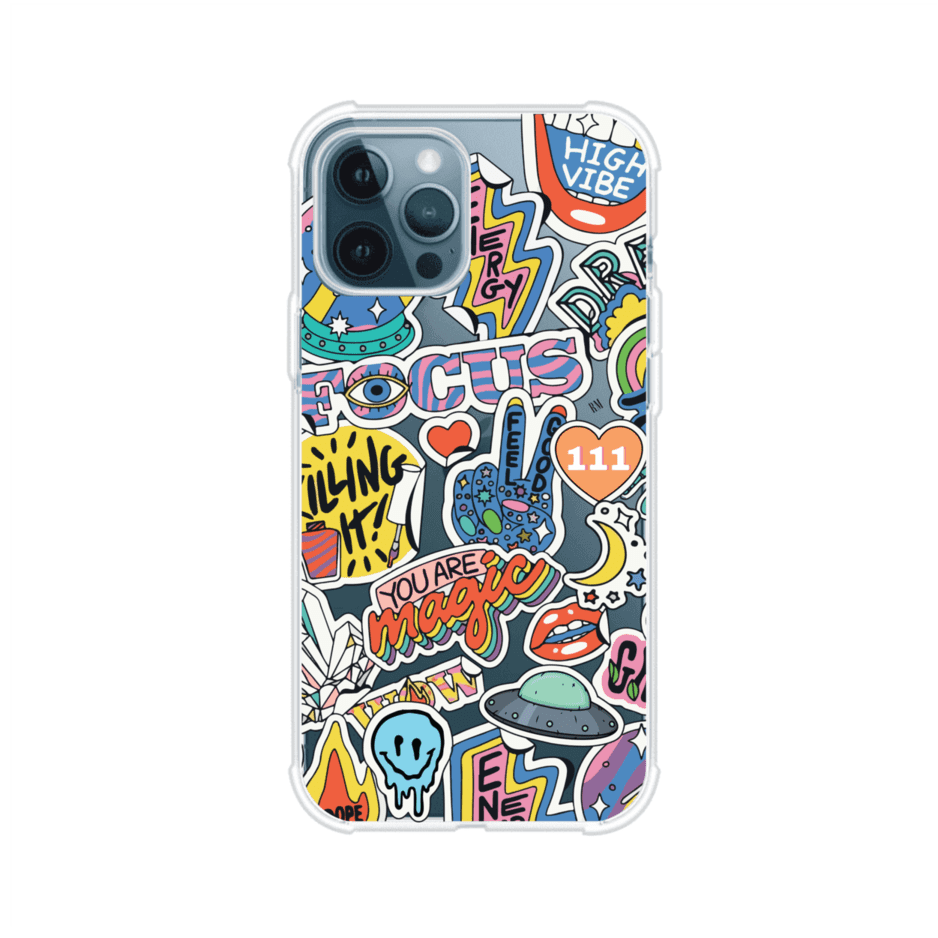 Funda para iPhone con diseño de stickers coloridos con frases motivacionales y energías positivas – Remark Mx