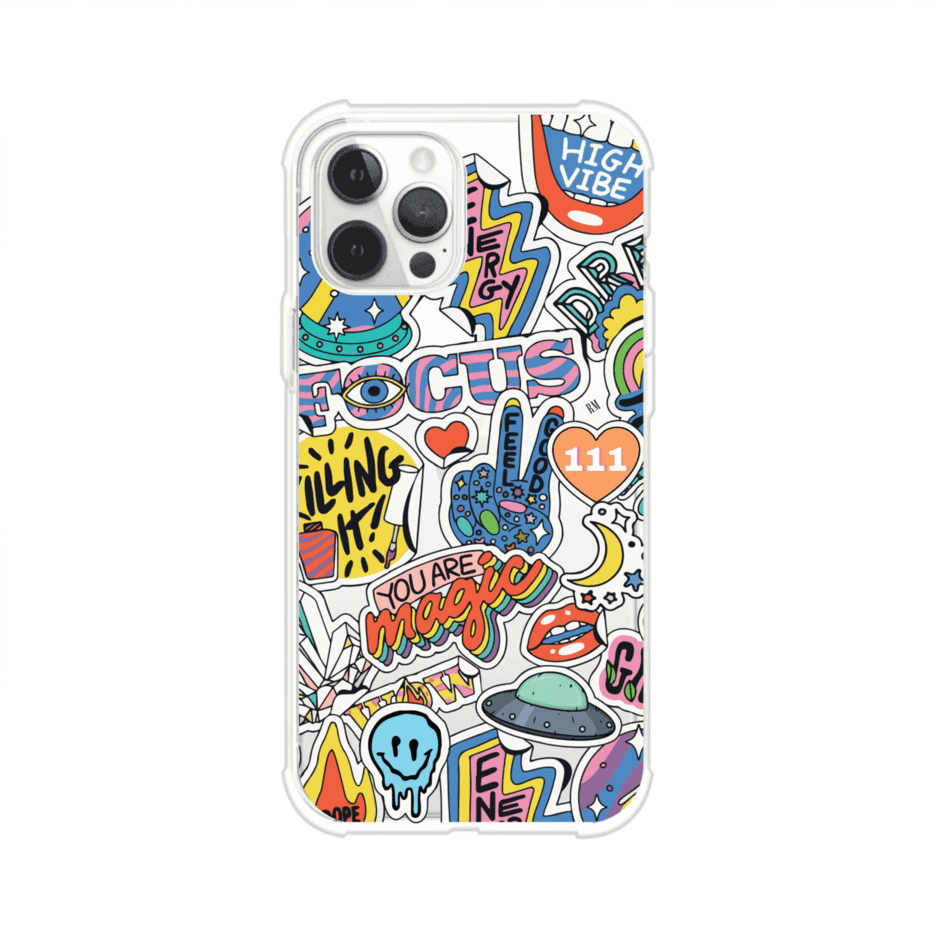 Funda para iPhone con diseño de stickers coloridos con frases motivacionales y energías positivas – Remark Mx
