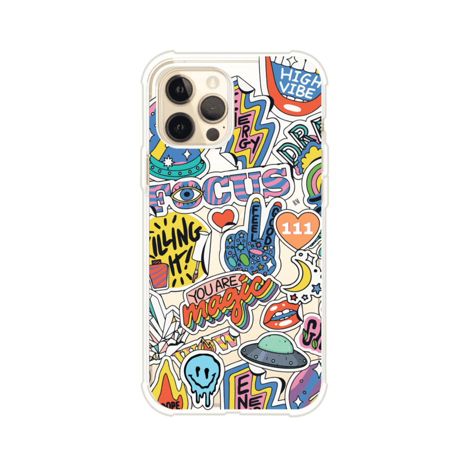 Funda para iPhone con diseño de stickers coloridos con frases motivacionales y energías positivas – Remark Mx