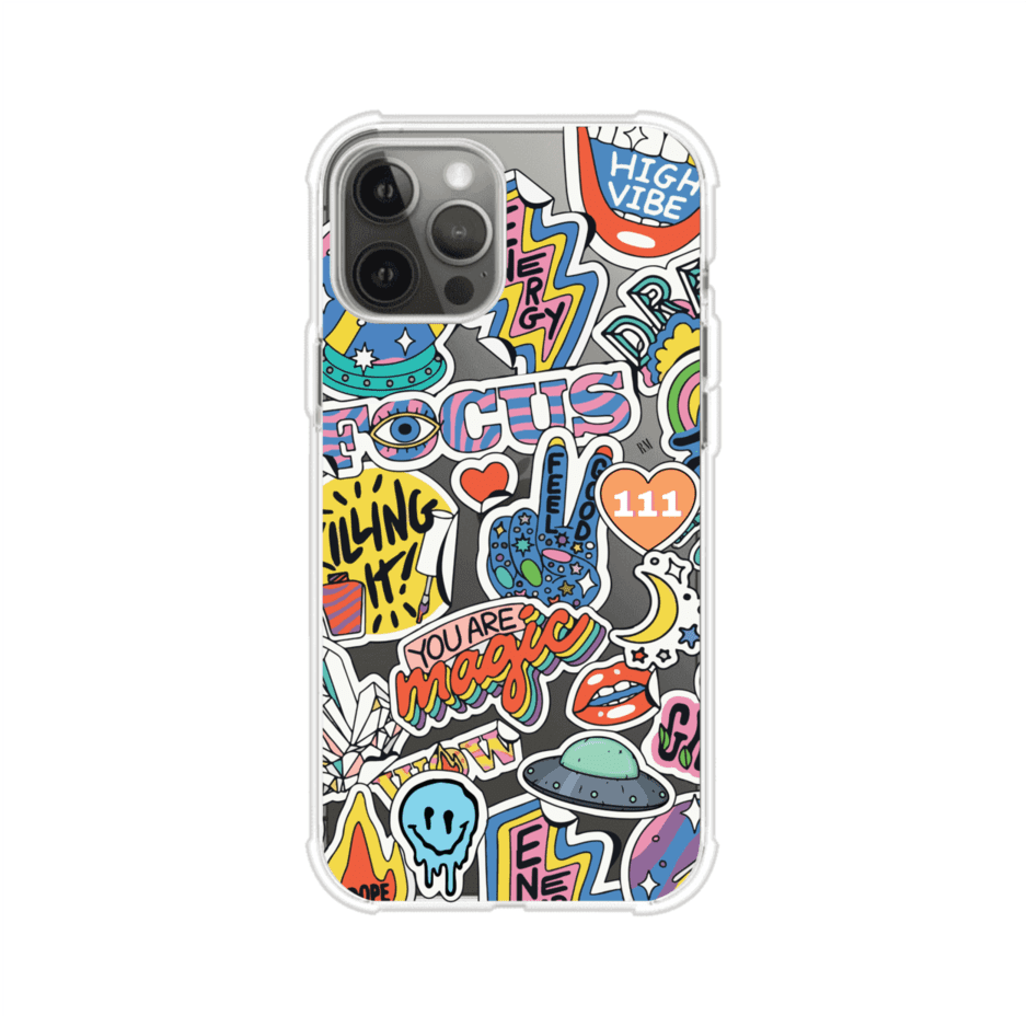 Funda para iPhone con diseño de stickers coloridos con frases motivacionales y energías positivas – Remark Mx