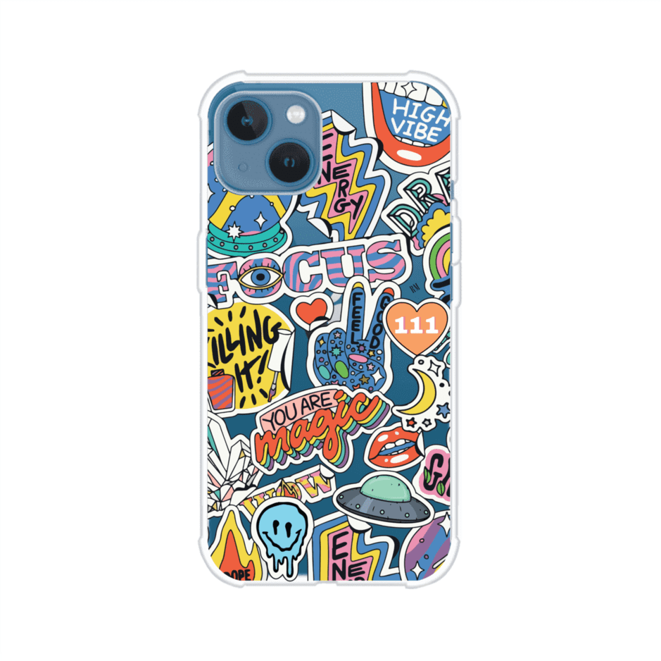 Funda para iPhone con diseño de stickers coloridos con frases motivacionales y energías positivas – Remark Mx