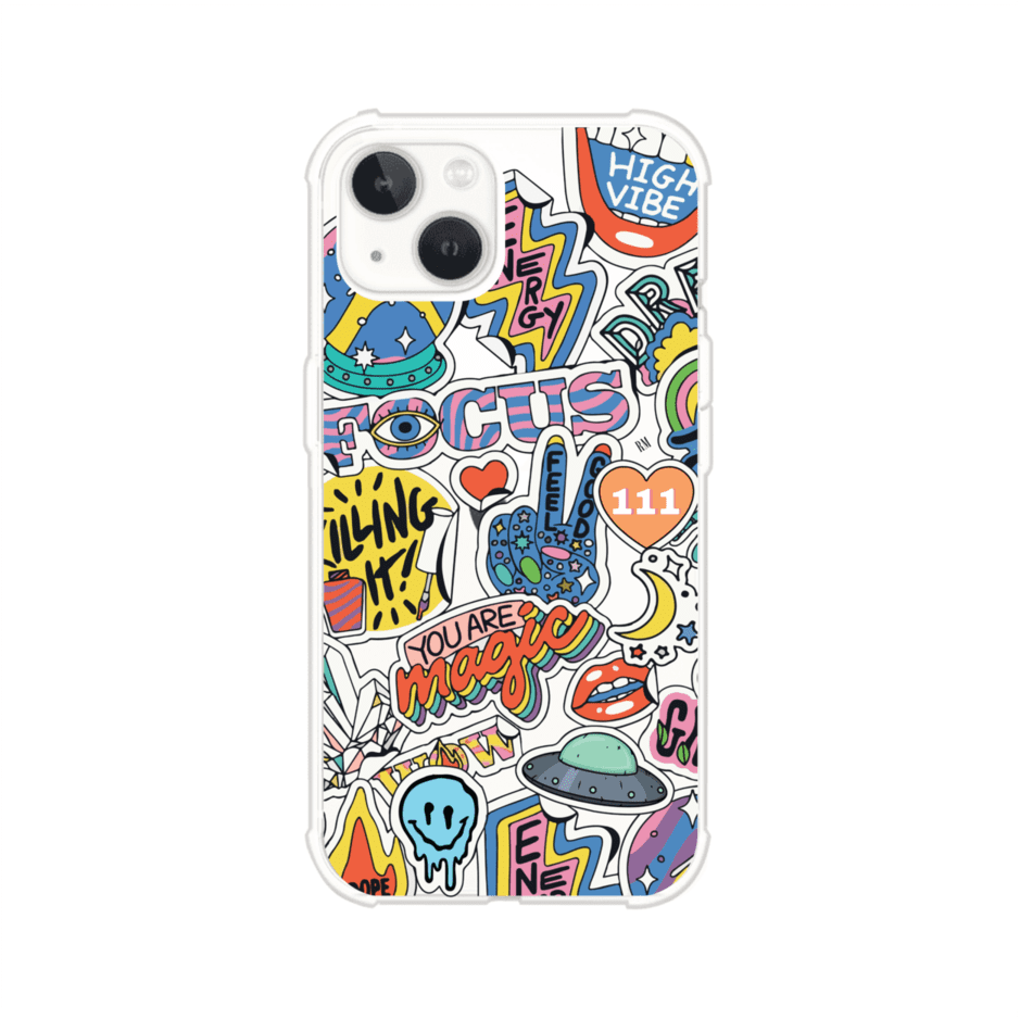 Funda para iPhone con diseño de stickers coloridos con frases motivacionales y energías positivas – Remark Mx