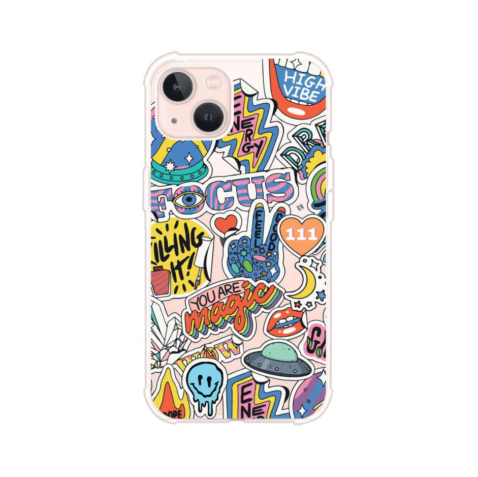 Funda para iPhone con diseño de stickers coloridos con frases motivacionales y energías positivas – Remark Mx