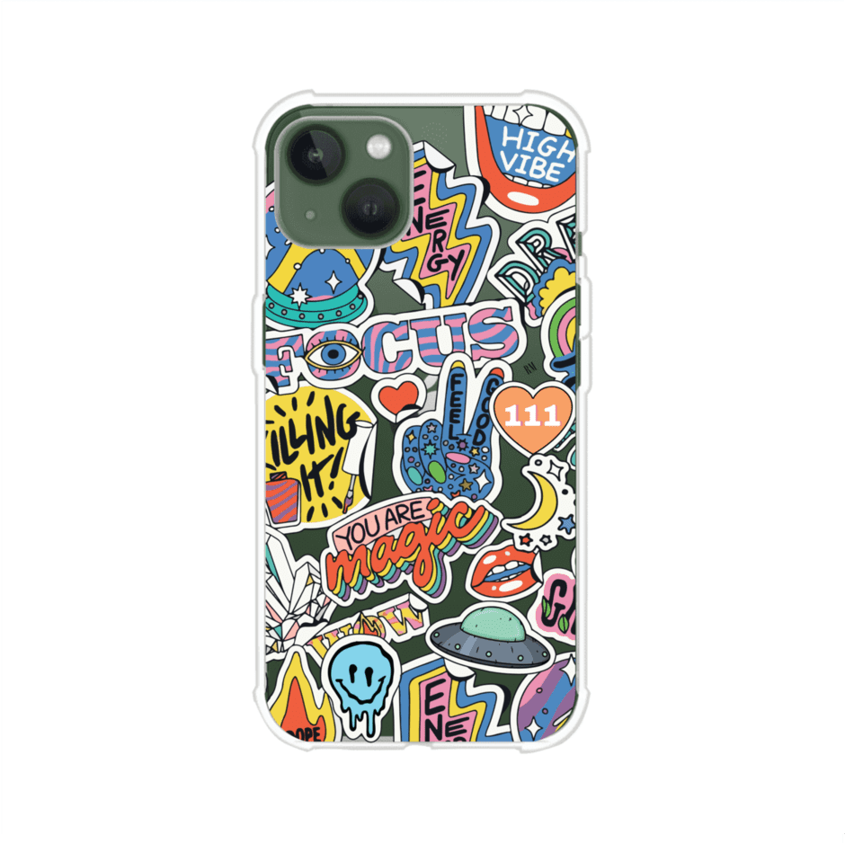 Funda para iPhone con diseño de stickers coloridos con frases motivacionales y energías positivas – Remark Mx
