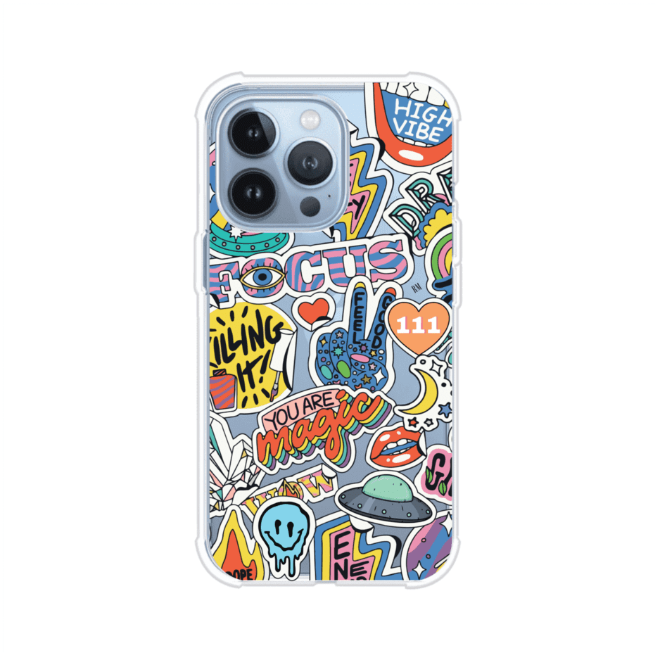 Funda para iPhone con diseño de stickers coloridos con frases motivacionales y energías positivas – Remark Mx
