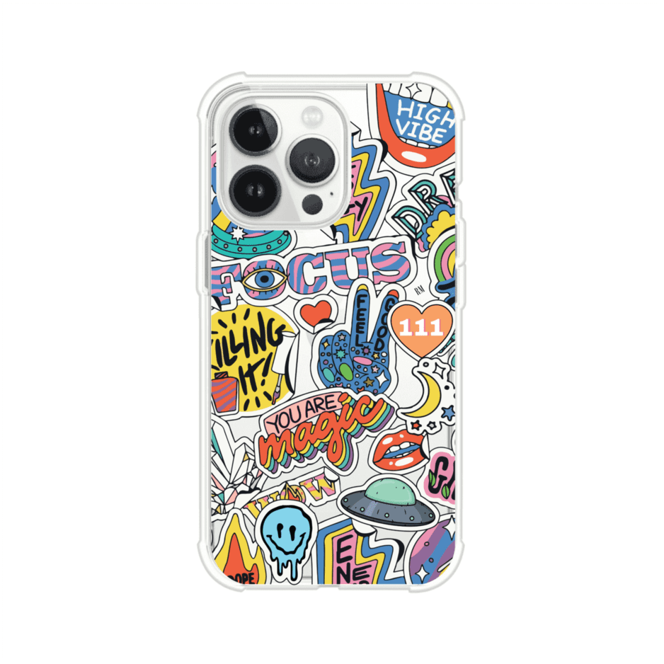 Funda para iPhone con diseño de stickers coloridos con frases motivacionales y energías positivas – Remark Mx