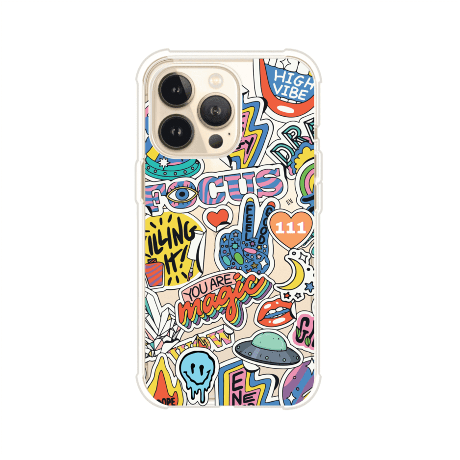 Funda para iPhone con diseño de stickers coloridos con frases motivacionales y energías positivas – Remark Mx