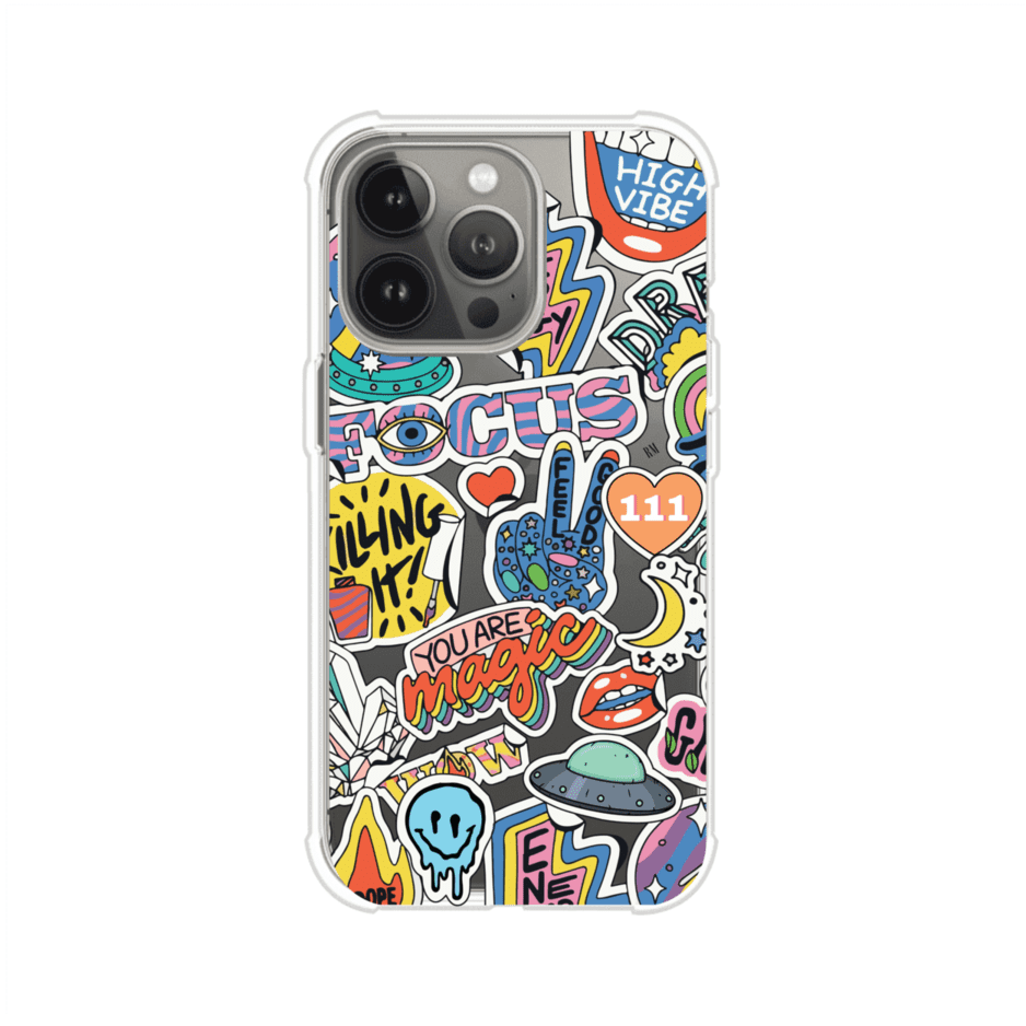 Funda para iPhone con diseño de stickers coloridos con frases motivacionales y energías positivas – Remark Mx