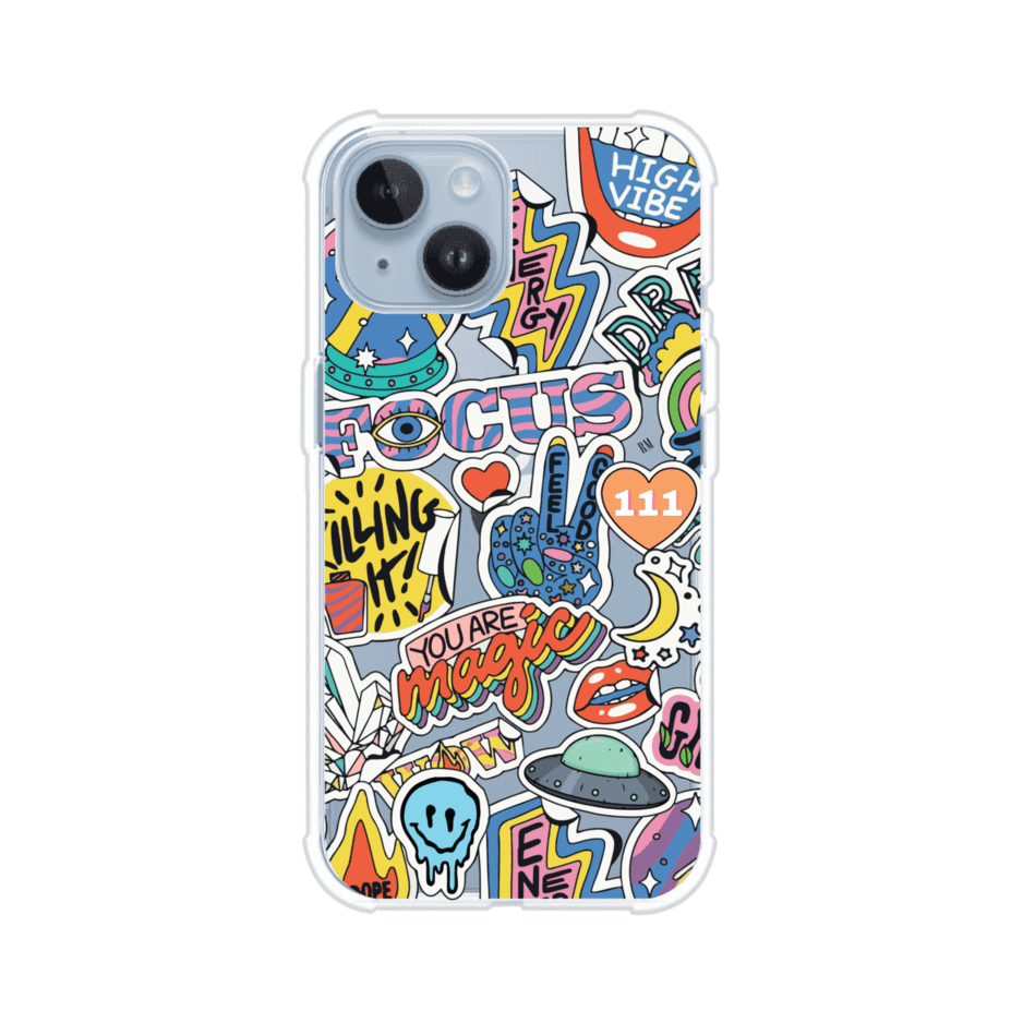 Funda para iPhone con diseño de stickers coloridos con frases motivacionales y energías positivas – Remark Mx