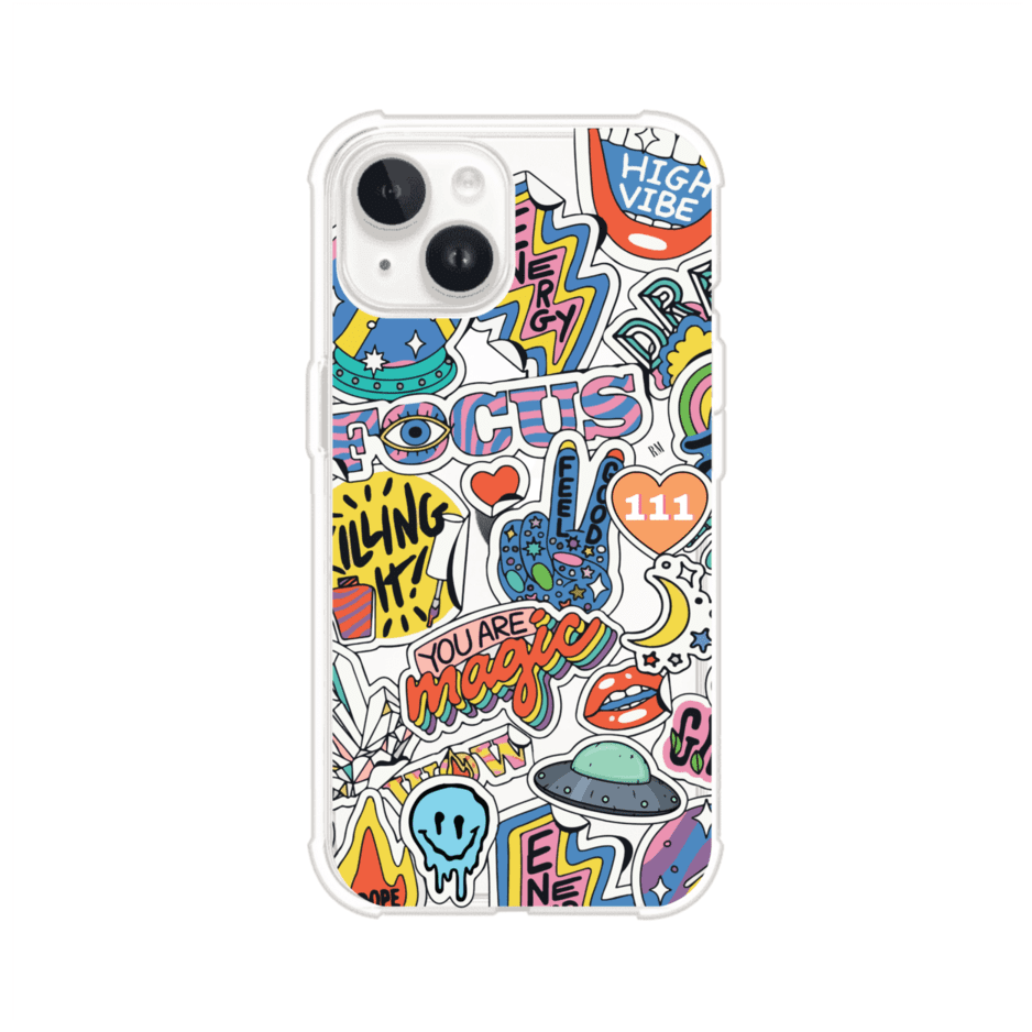 Funda para iPhone con diseño de stickers coloridos con frases motivacionales y energías positivas – Remark Mx