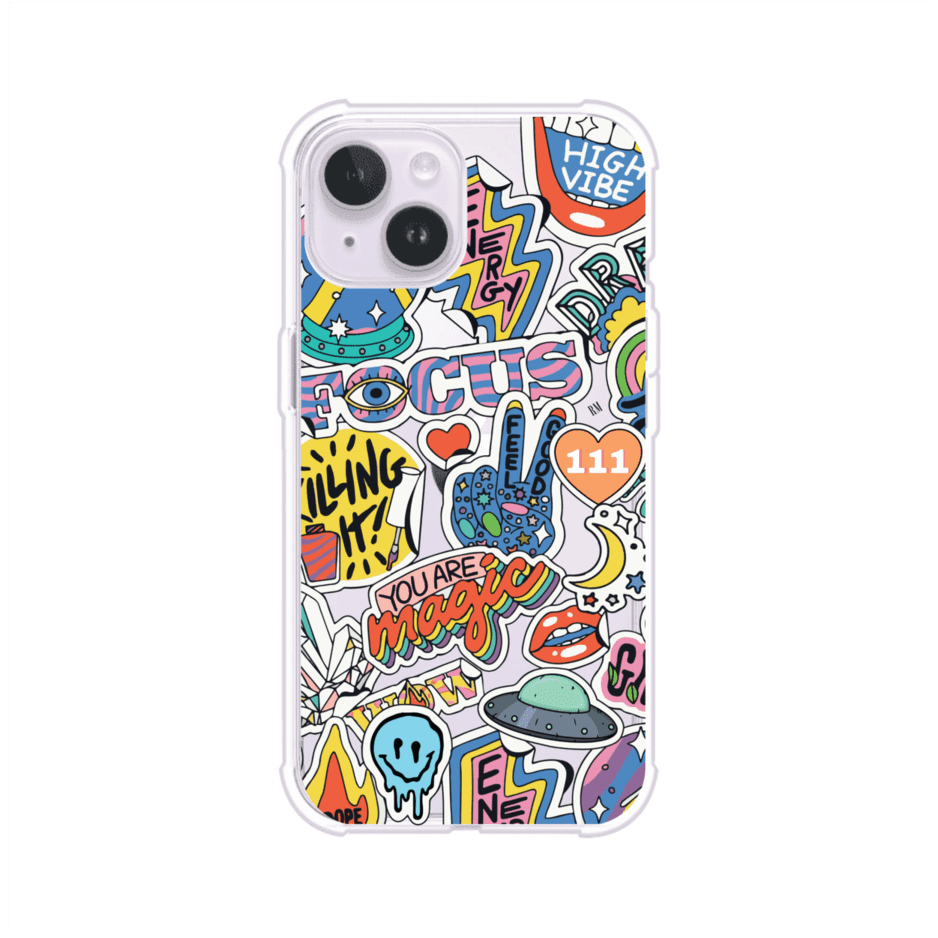 Funda para iPhone con diseño de stickers coloridos con frases motivacionales y energías positivas – Remark Mx