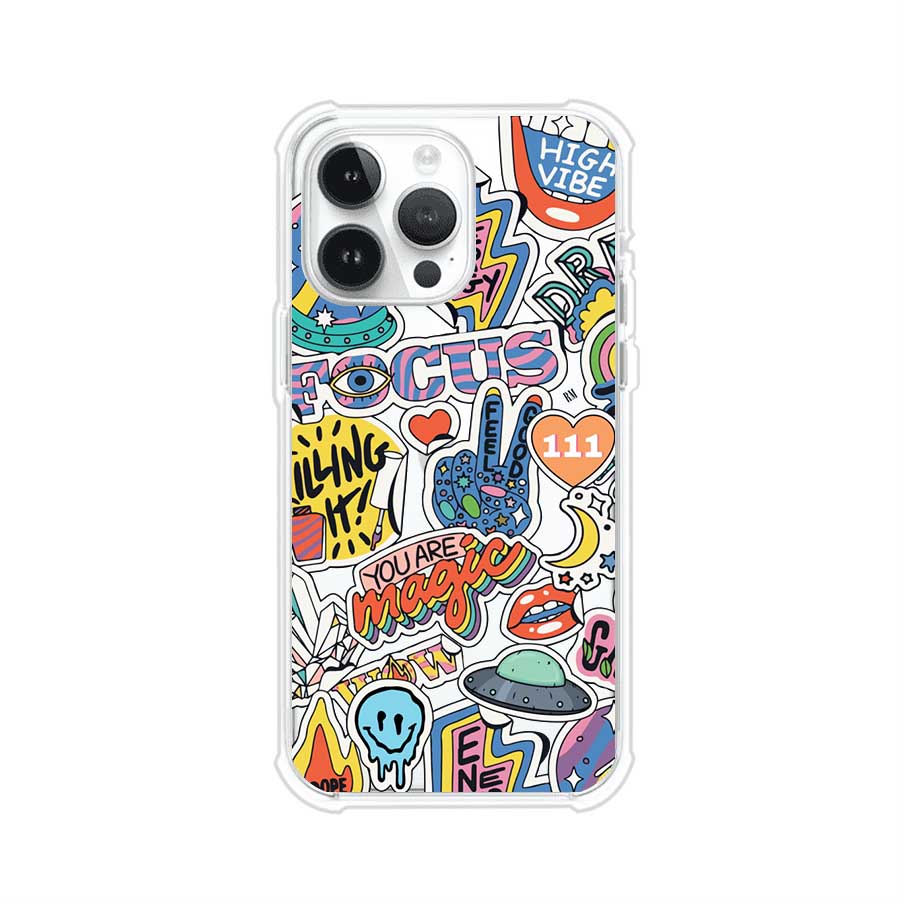 Funda para iPhone con diseño de stickers coloridos con frases motivacionales y energías positivas – Remark Mx